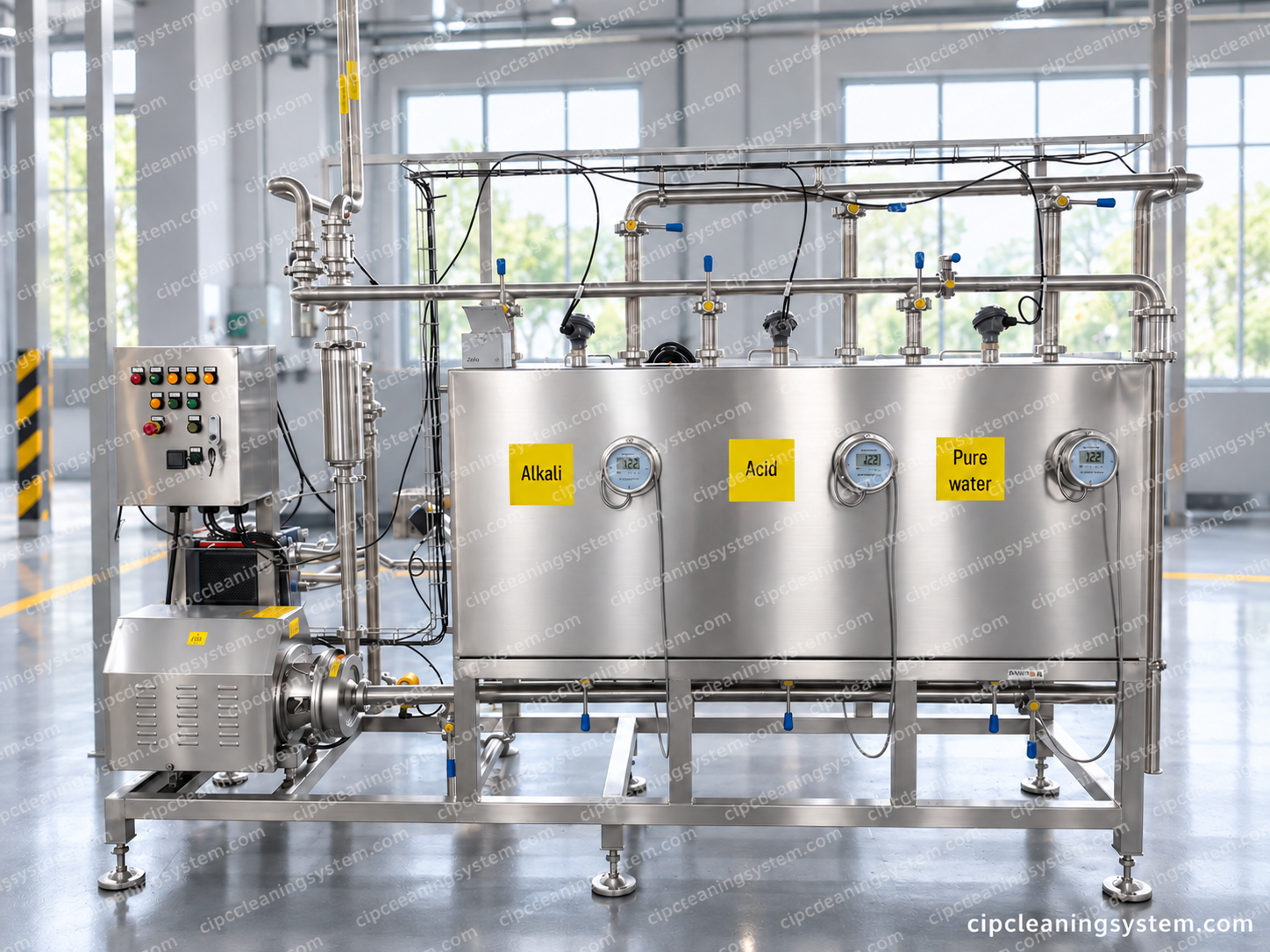 Real CIP station with alkali, acid and water sections and a circulation pump, AI-enhanced presentation
